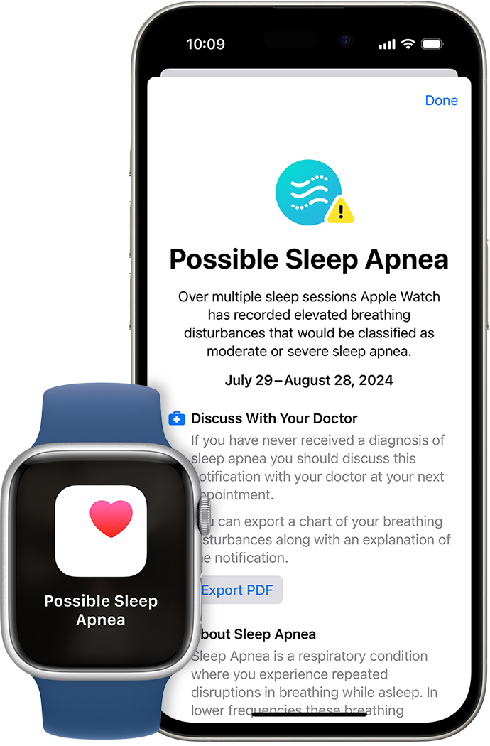 An iPhone that shows the initial setup screen for Sleep Apnea Notifications, and an Apple Watch that shows a Possible Sleep Apnea notification.