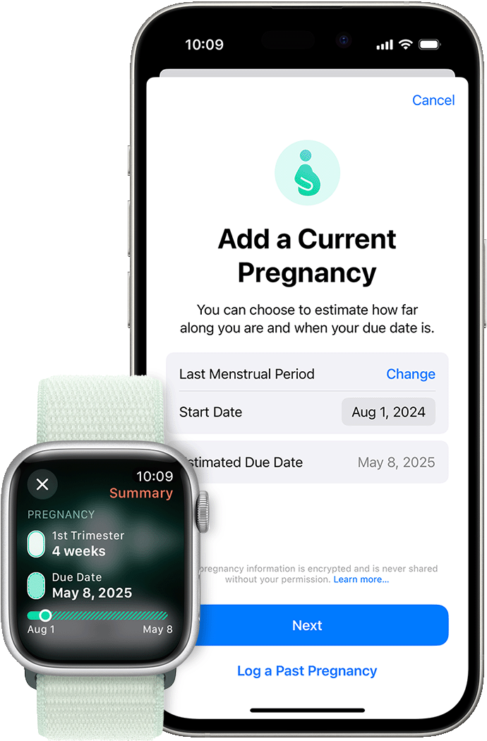 An Apple Watch that shows the Summary screen of a current pregnancy, and an iPhone that shows the "Add a Current Pregnancy" screen with a Last Menstrual Period date and Estimated Due Date entered.