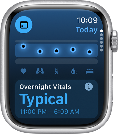 An Apple Watch that shows Overnight Vitals within a typical range for the past 7 days in the Vitals app.