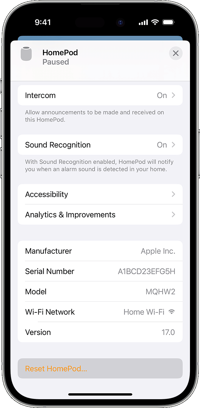 تظهر إعادة تعيين HomePod أسفل شاشة إعدادات HomePod