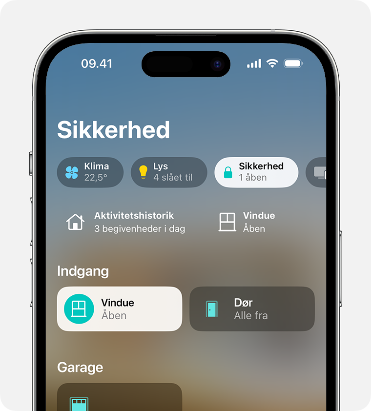 Kategorien Sikkerhed vises øverst på hjemmeskærmen i appen Hjem