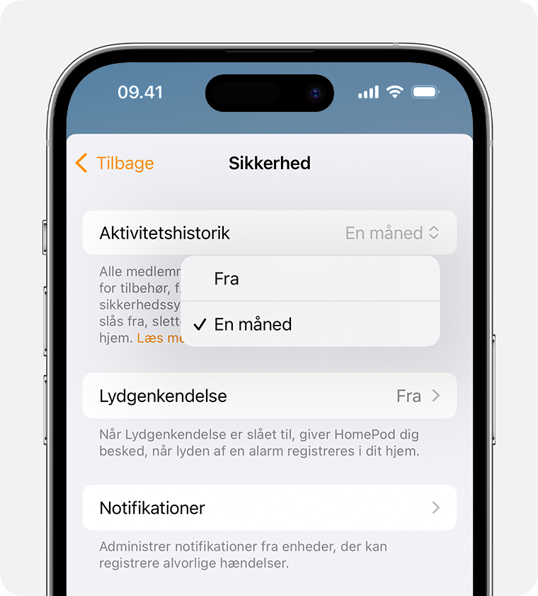 Aktivitetshistorik vises øverst på skærmen Sikkerhed