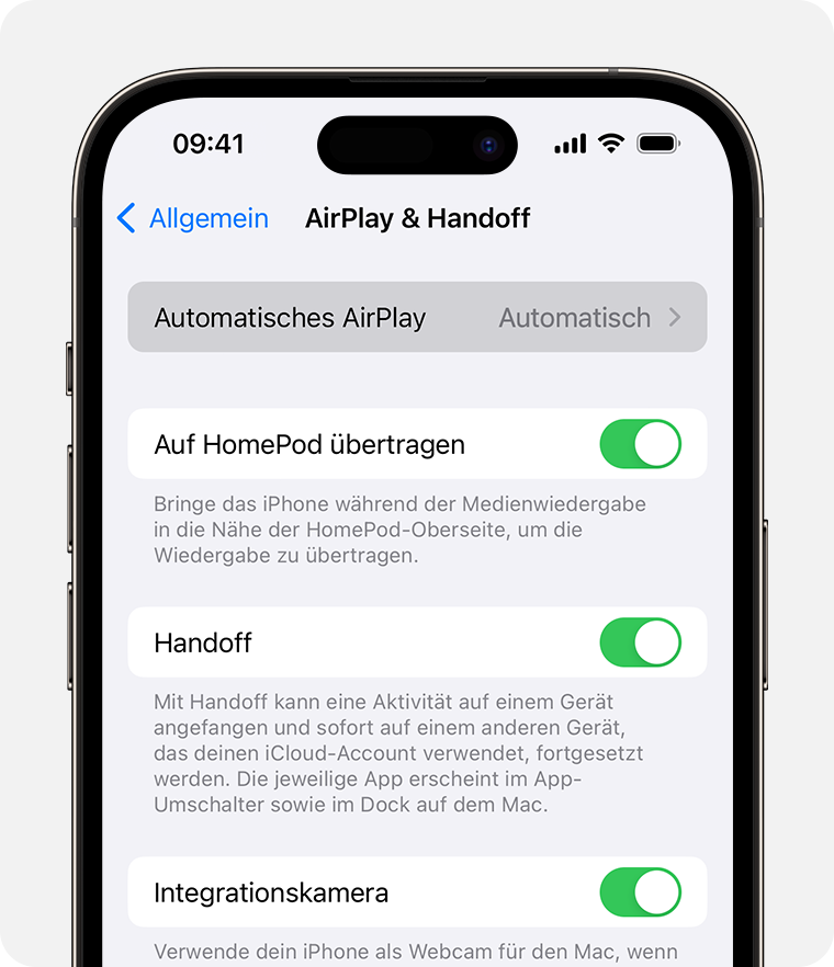 Auf dem Bildschirm „AirPlay & Handoff“ ist „Automatisch“ für „Automatisches AirPlay“ ausgewählt.