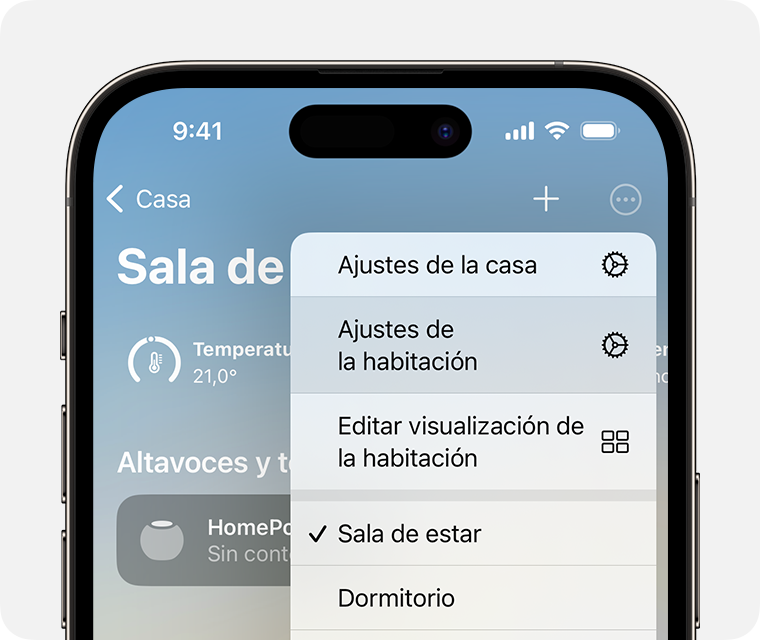 Ajustes de la habitación aparece debajo de los ajustes de Casa después de tocar o hacer clic en el botón Más