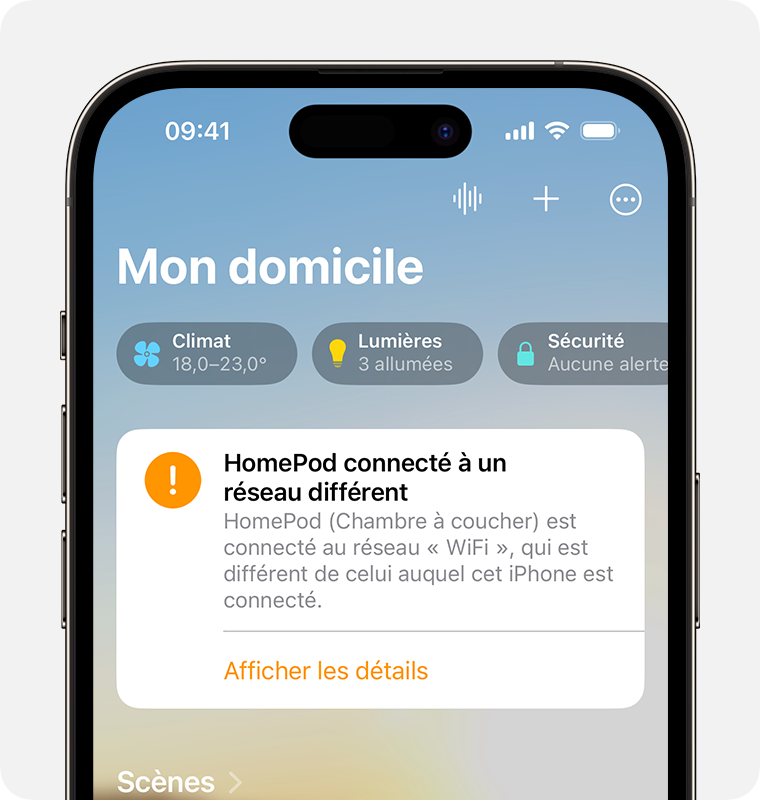 L’alerte de connexion à un réseau HomePod différent s’affiche en haut de l’écran d’accueil dans l’app Maison