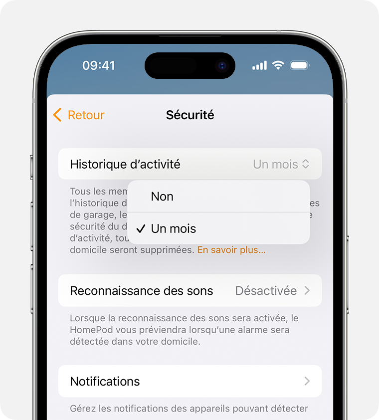 L’historique d’activité apparaît en haut de l’écran Sécurité.