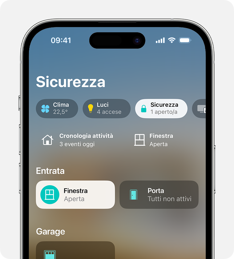 La categoria Sicurezza viene visualizzata nella parte superiore della schermata Home nell'app Casa