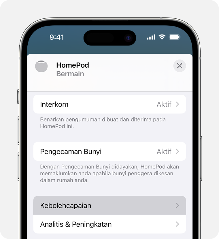 Kebolehcapaian muncul sebelum Analisis & Penambahbaikan pada skrin seting HomePod