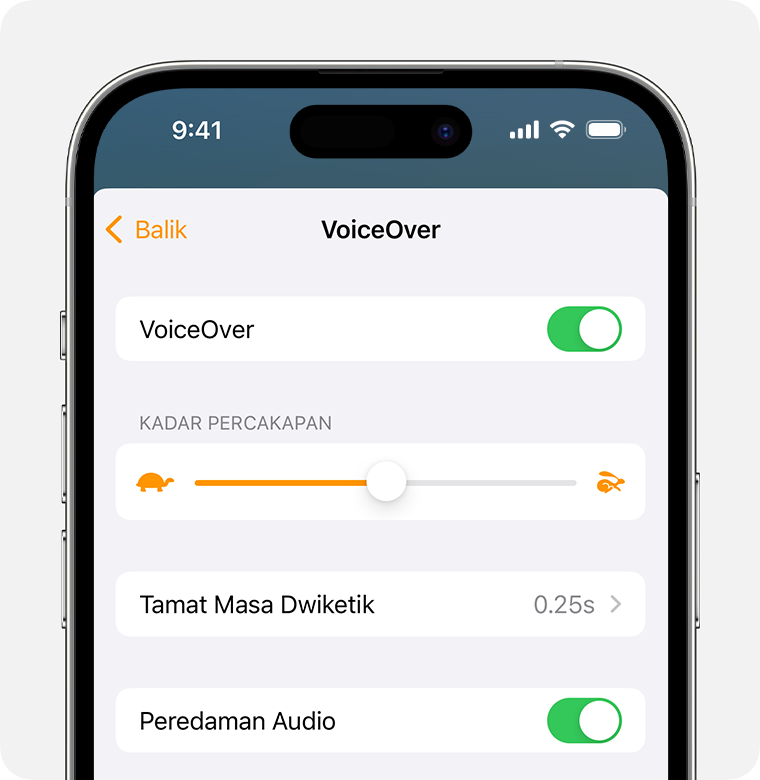 VoiceOver didayakan, Kadar Percakapan disetkan kepada 50%, Tamat Masa Dwi-Ketik ialah .25s saat dan Angkutan Audio didayakan