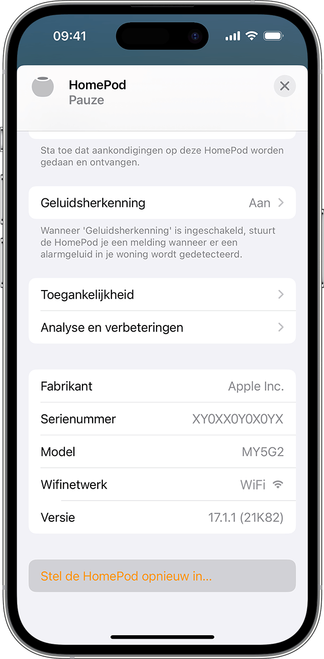 'Stel de HomePod opnieuw in' verschijnt onderaan het HomePod-instellingenscherm