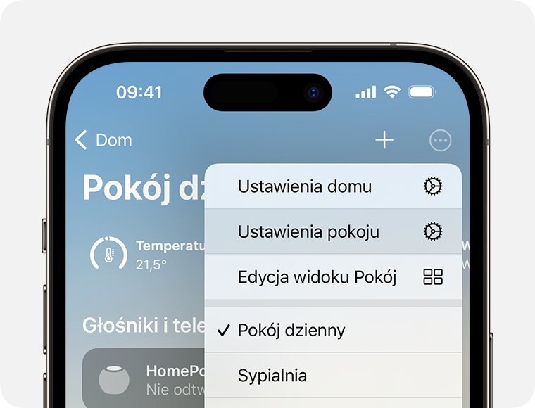Opcja Ustawienia pokoju jest wyświetlana poniżej opcji Ustawienia domu po stuknięciu lub kliknięciu przycisku Więcej