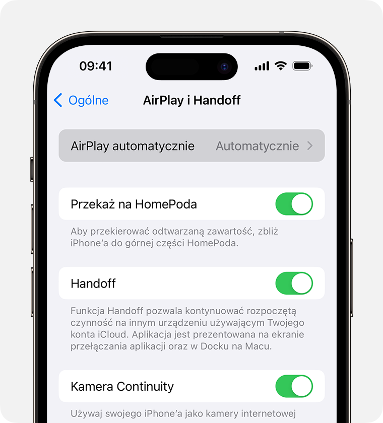 Ustawienie Automatycznie wybrane w opcji AirPlay automatycznie na ekranie AirPlay i Handoff