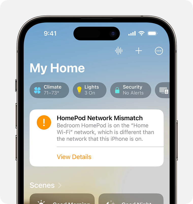 Alerta de incompatibilidade de rede Homepod no iPhone