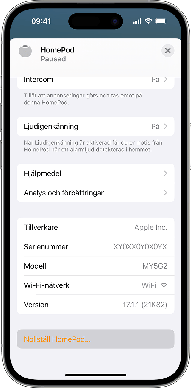 Återställ HomePod visas längst ned på skärmen för HomePod-inställningar