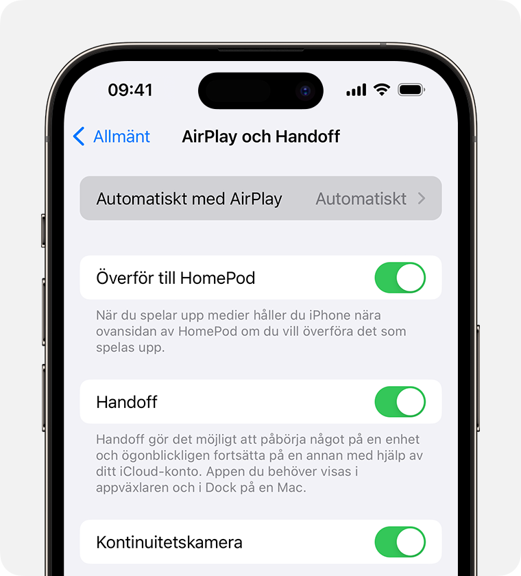 Automatisk är valt för Automatiskt med AirPlay på AirPlay och Handoff-skärmen