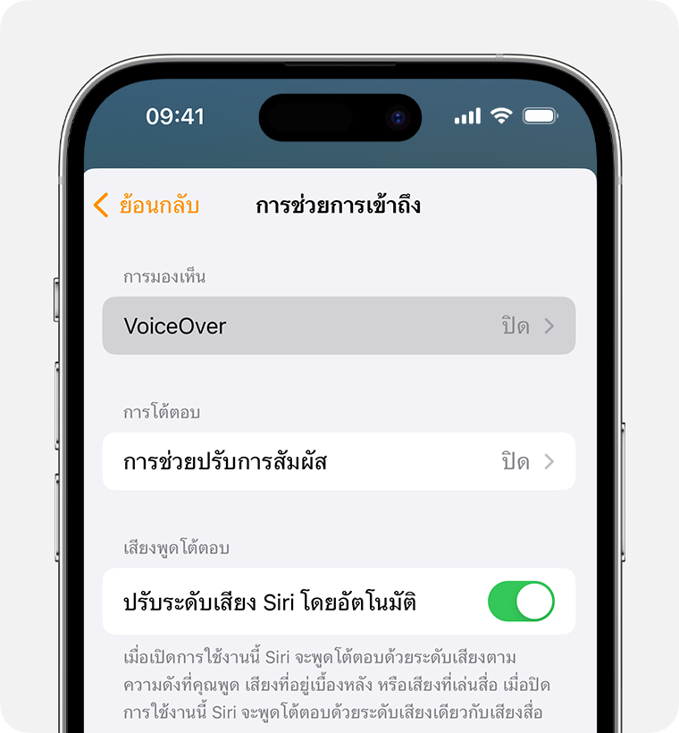 VoiceOver ปรากฏที่ด้านบนของหน้าจอการตั้งค่าการเข้าถึง