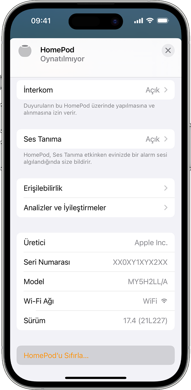 HomePod'u Sıfırlama seçeneği HomePod ayarları ekranının alt kısmında görünür