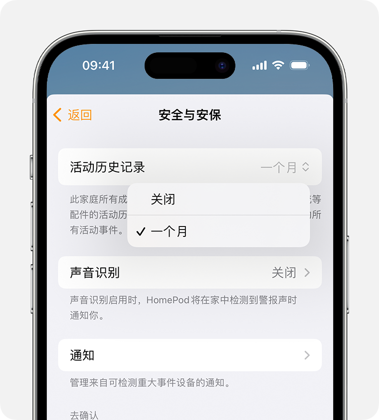 “活动历史记录”显示在“安全与安保”屏幕的顶部