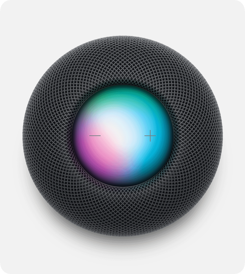 HomePod pictured from above with multicoloured lights illuminated