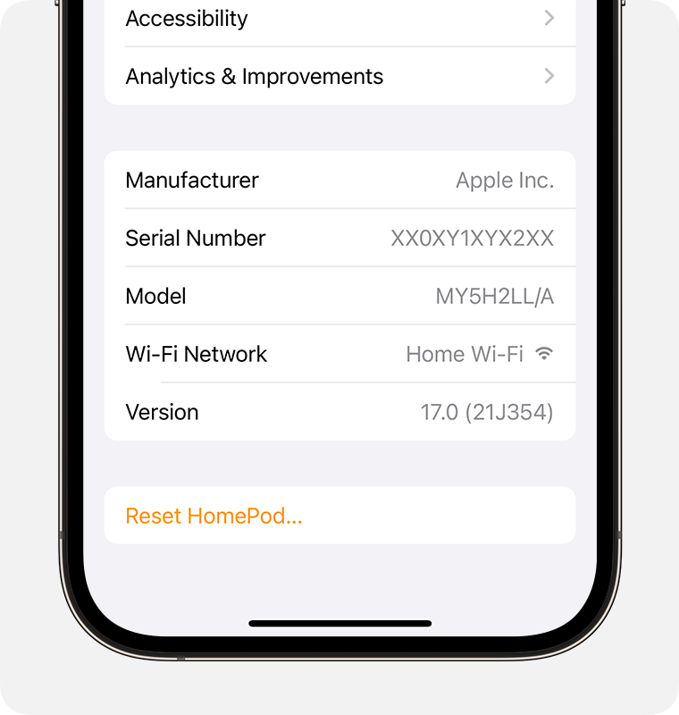 Wi-Fi Network information appears near the bottom of the HomePod setting screen