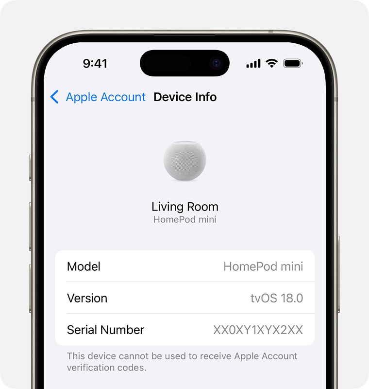 iPhone Settings showing HomePod Device Info and serial number