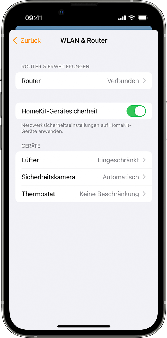 iPhone mit angezeigtem Bereich „WLAN-Netzwerk & Router”