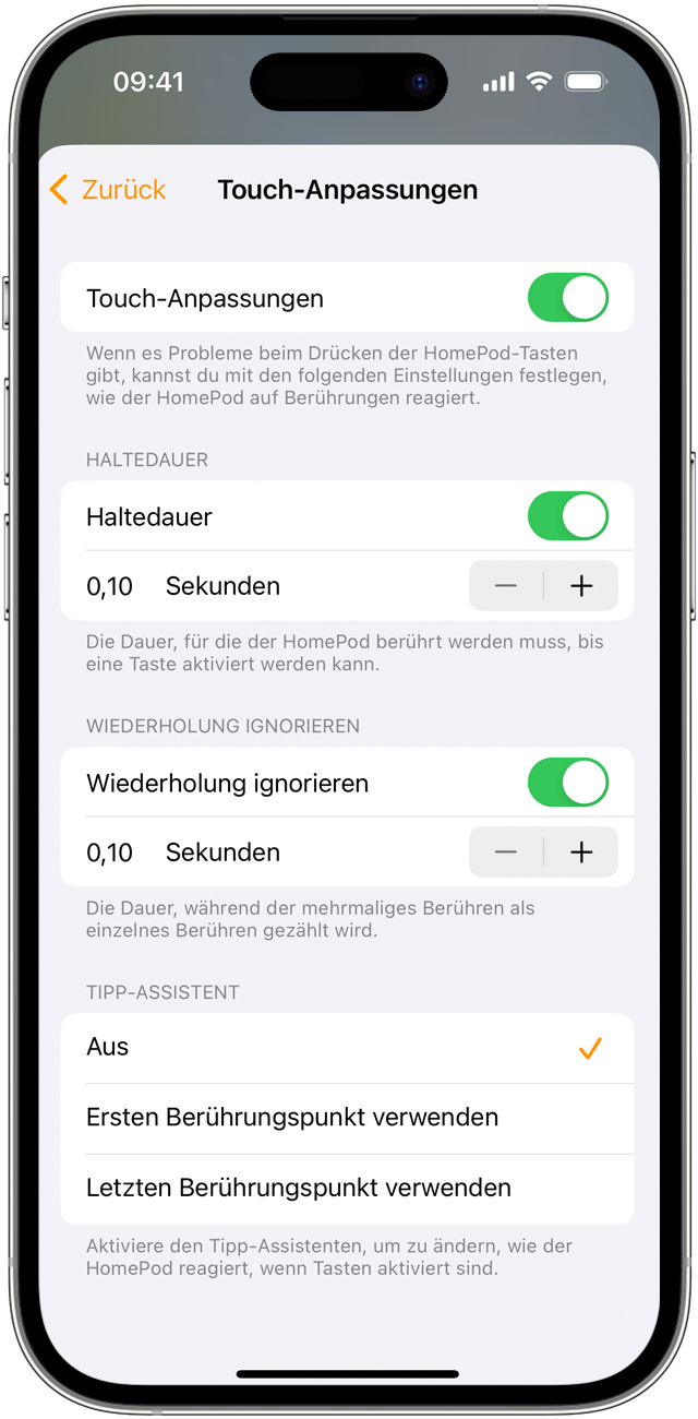 Die Einstellungen für Touch-Anpassungen auf dem iPhone