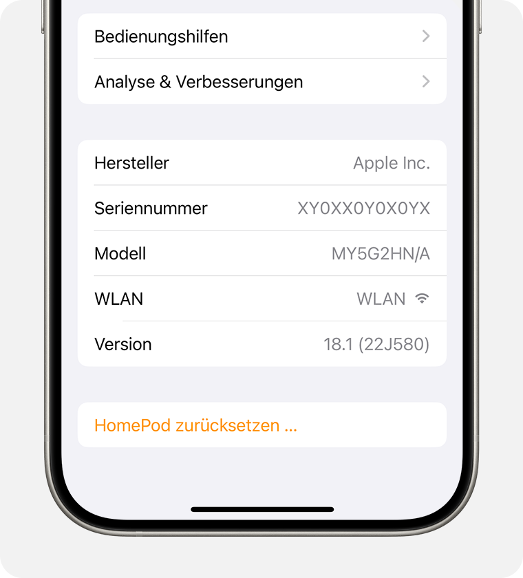 Home-App mit HomePod-Einstellungen und Seriennummer