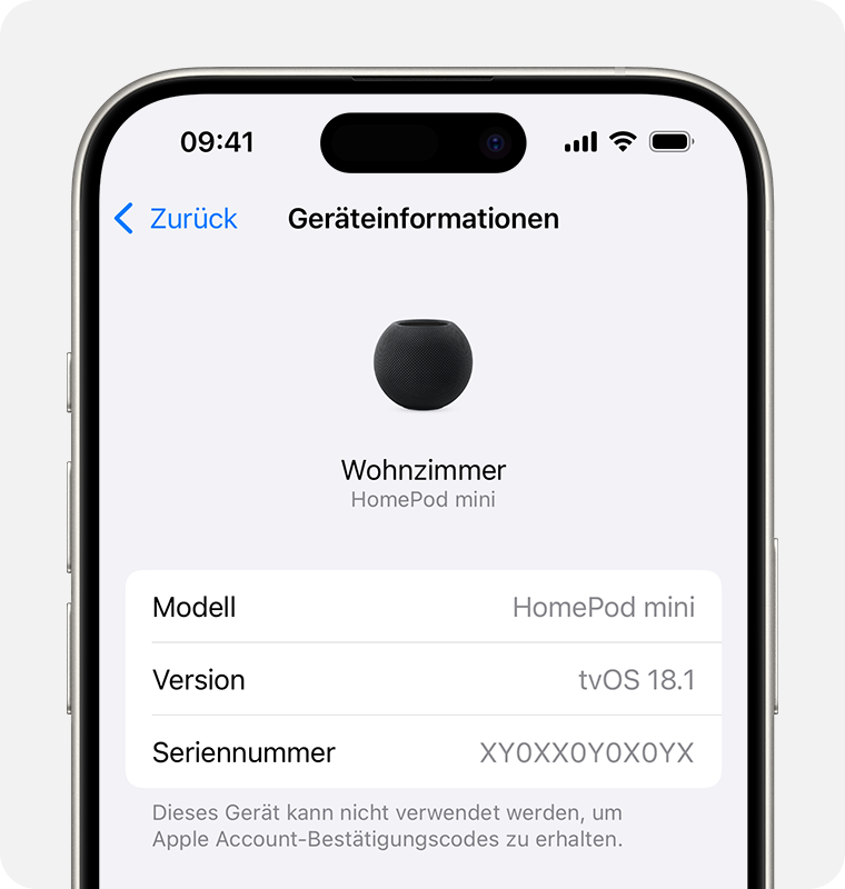 iPhone Einstellungen mit HomePod-Geräteinfo und Seriennummer