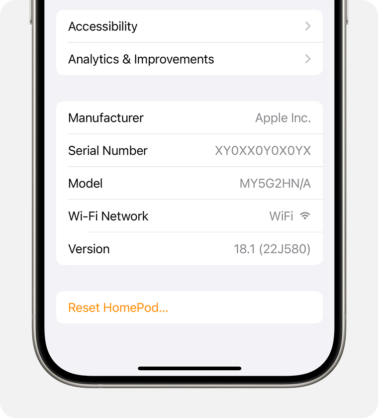 Home app showing HomePod settings and serial number