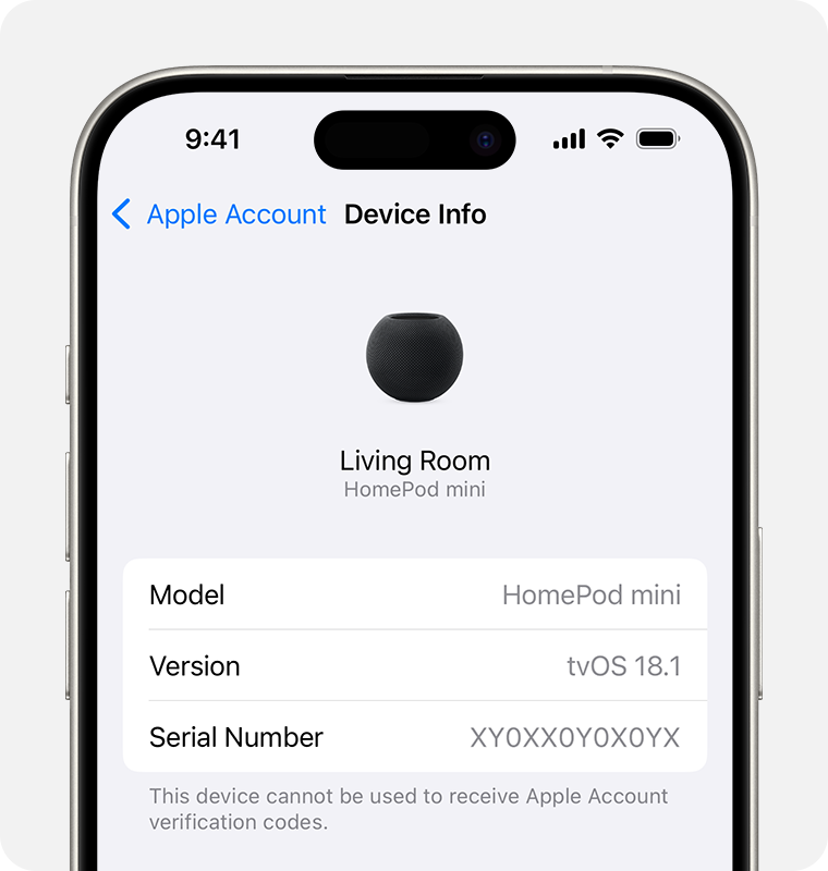 iPhone Settings showing HomePod Device Info and serial number