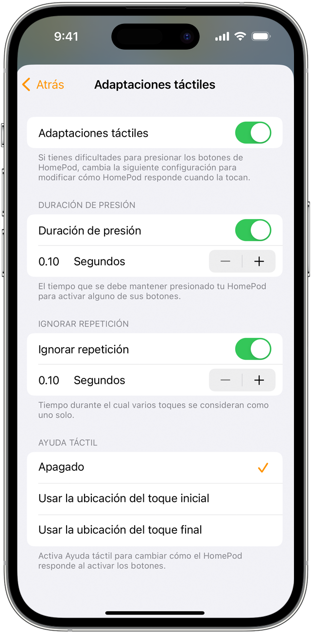 Touch Accommodations settings on iPhone