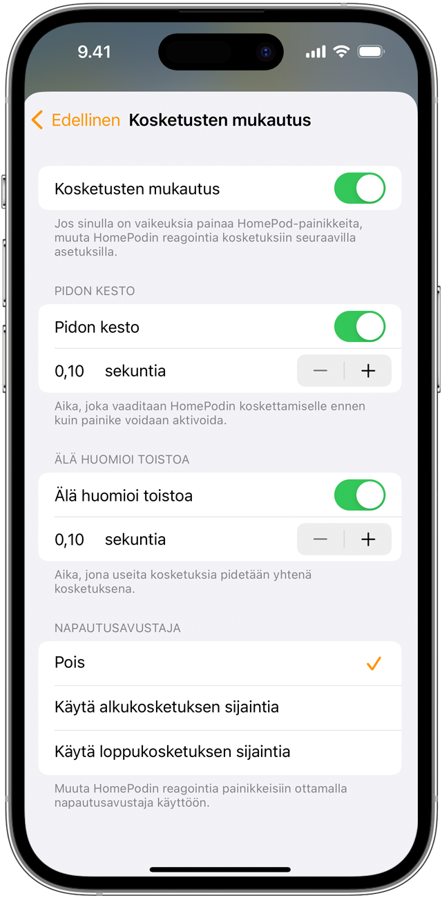 Kosketuksen mukautuksen asetukset iPhonessa