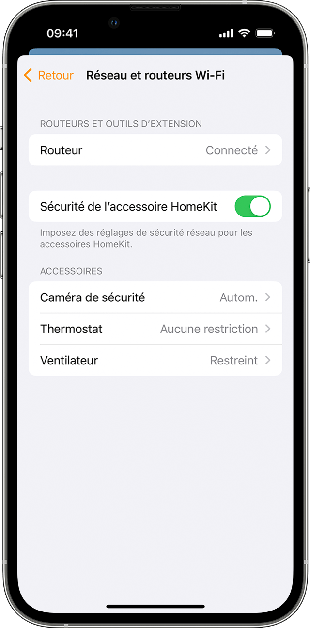 Écran Réseau et routeurs Wi-Fi affiché sur l’iPhone