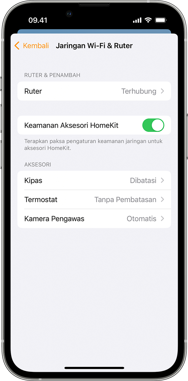 iPhone dengan panel Jaringan dan Router Wi-Fi ditampilkan