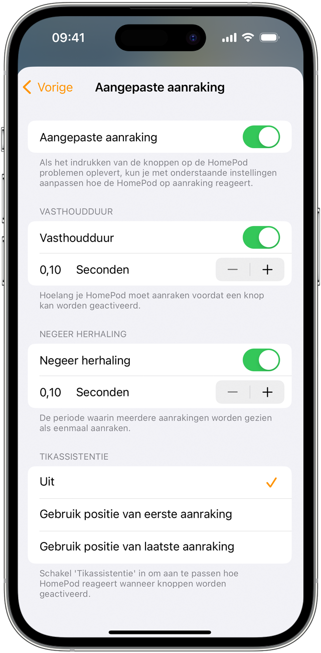 Instellingen voor Aangepaste aanraking op een iPhone