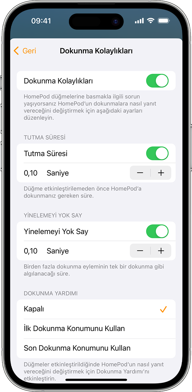 iPhone'daki Dokunma Kolaylıkları ayarları