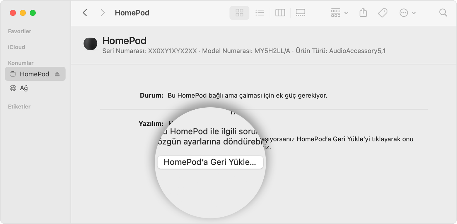 Mac'teki HomePod'a Geri Yükle seçeneği