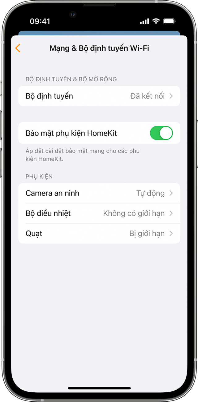 iPhone với bảng điều khiển Mạng Wi-Fi và Bộ định tuyến được hiển thị