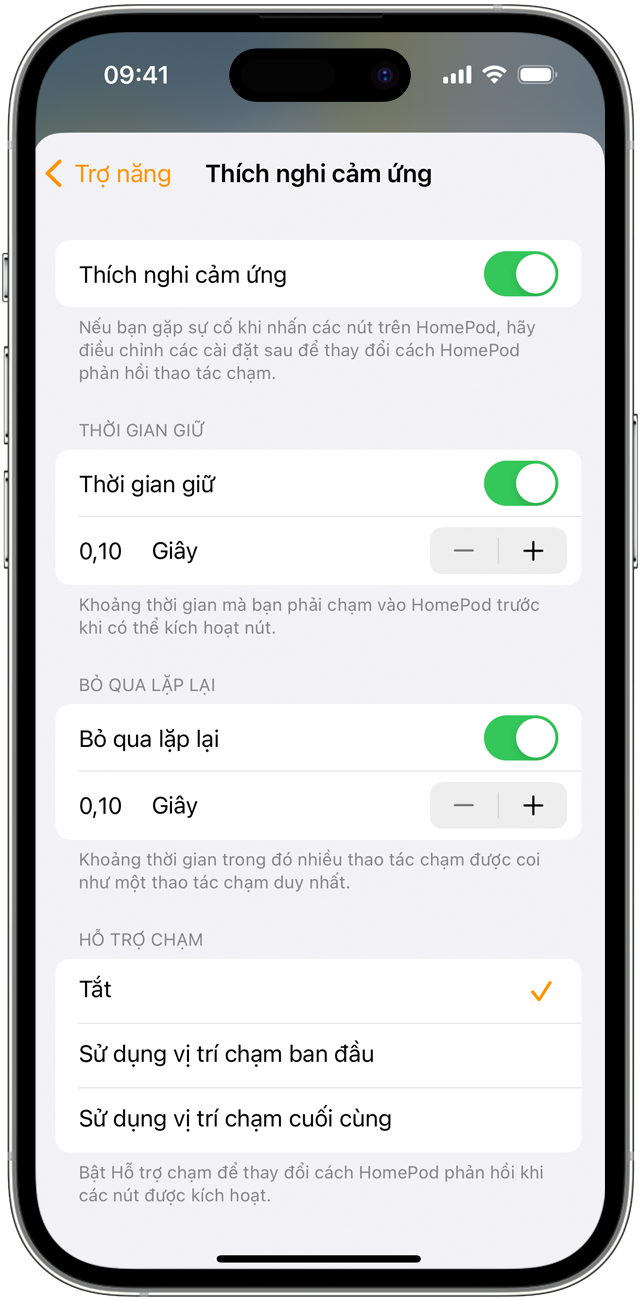 Các cài đặt của tính năng Thích nghi cảm ứng trên iPhone