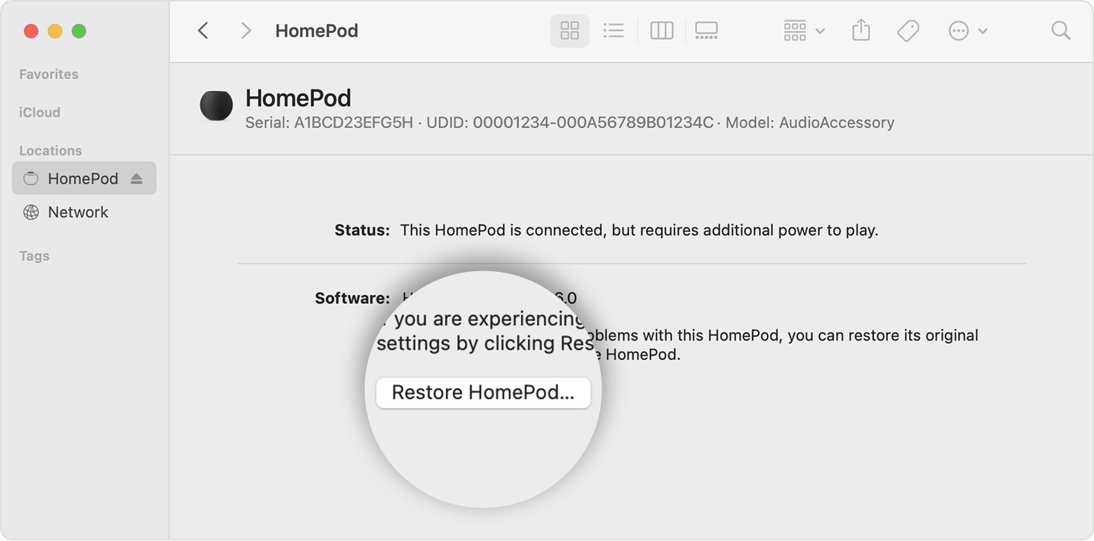 אפשרות לשחזור ה-HomePod ב-Mac