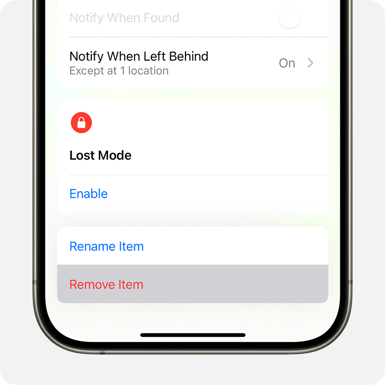 Tap Remove Item to remove an time from Find My and remove Find My Lock.