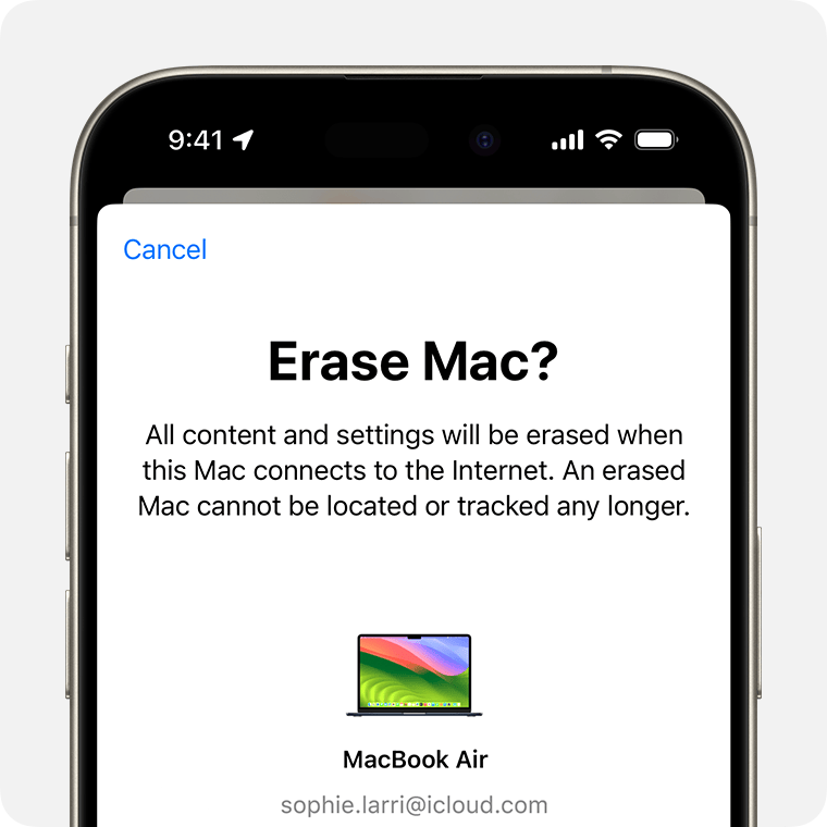 The Erase Mac screen on an iPhone.