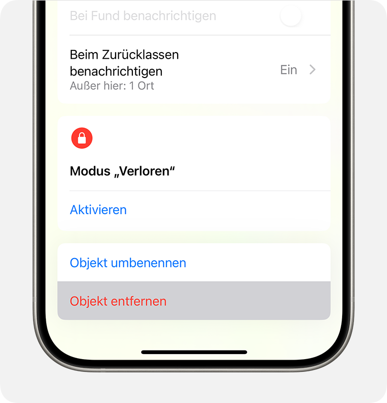 Tippe auf „Objekt entfernen“, um sowohl ein Objekt von „Find My“ als auch die „Mein Schloss suchen“ zu entfernen.