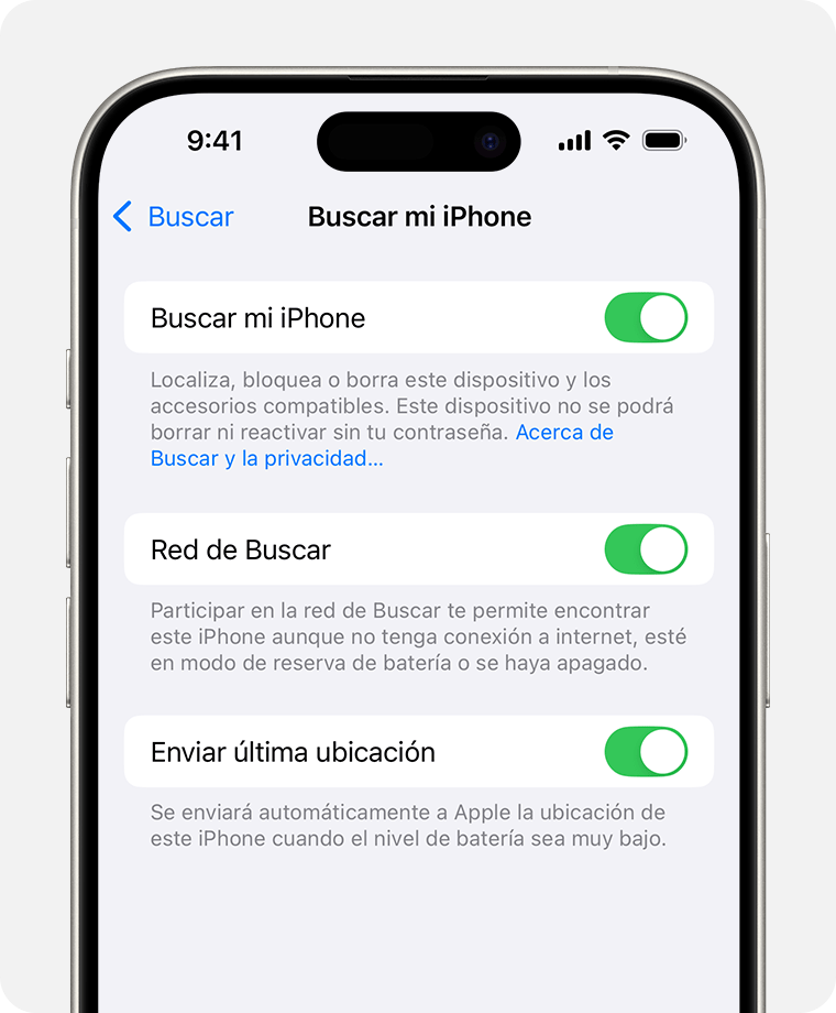 Pantalla del iPhone que muestra la configuración de Buscar