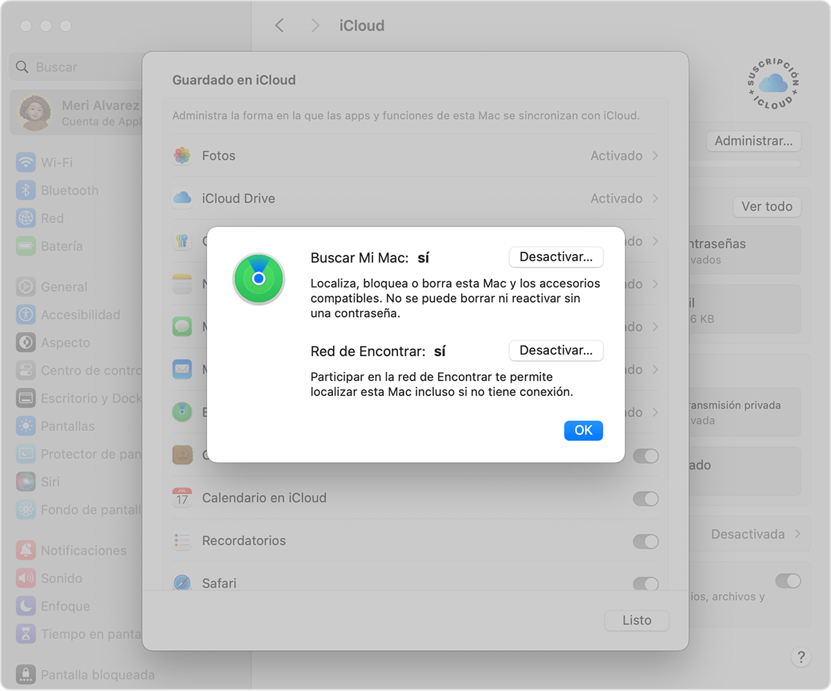 Pantalla de macOS que muestra la configuración para activar Encontrar