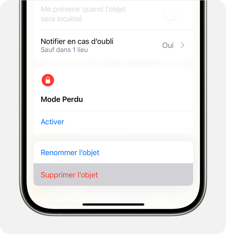 Touchez Supprimer l’objet pour supprimer un objet de Localiser et supprimer le verrouillage d’activation de la fonctionnalité Localiser.