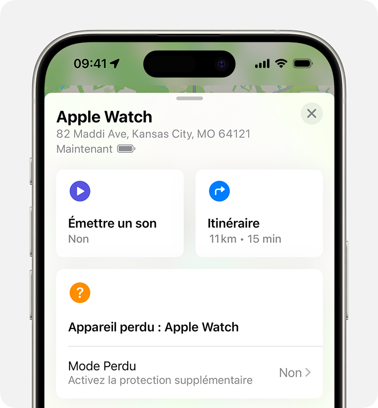 Sur un iPhone, activez le mode Perdu de votre Apple Watch.