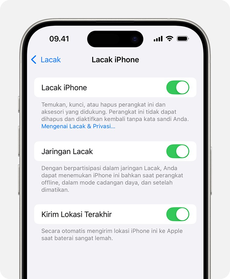 Layar iPhone yang menampilkan pengaturan Lacak