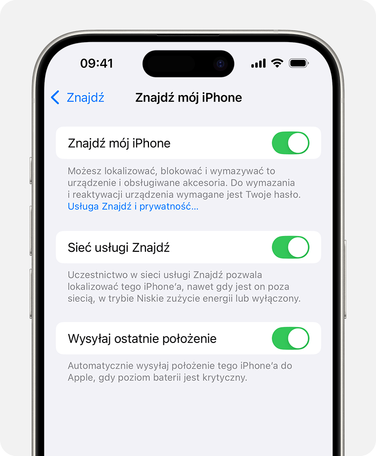 Ekran iPhone’a wyświetlający ustawienia aplikacji Znajdź